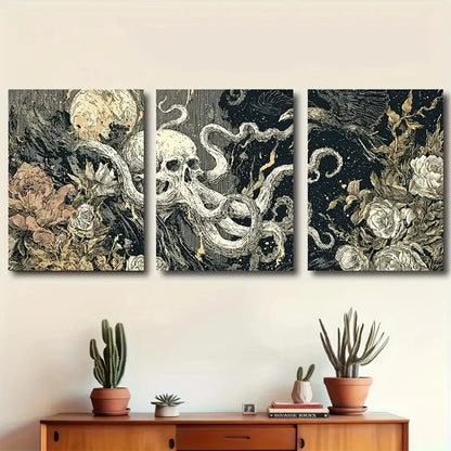 3pcs Octopus Grasping Smoke by Death Line Drawing Metal Print Ready to Hang Art