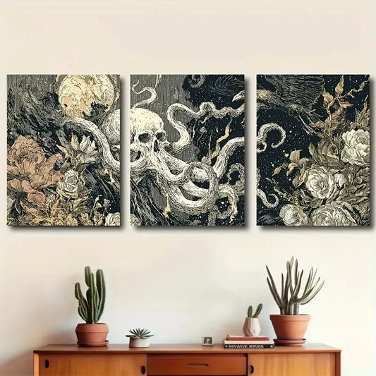 3pcs Octopus Grasping Smoke by Death Line Drawing Metal Print Ready to Hang Art