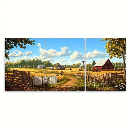 3pcs Traditional Country Life with Red Barn White Metal Print Ready to Hang Art