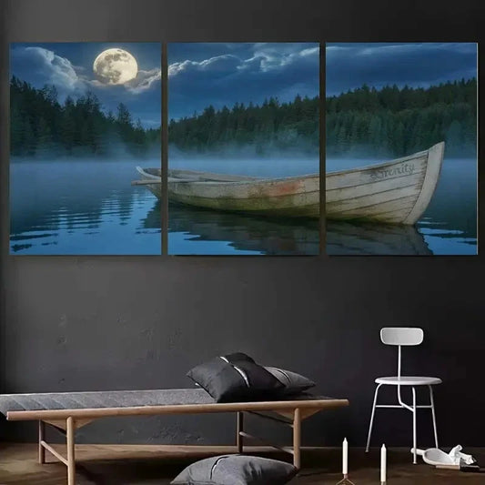3pcs Full Moon Rowboat Pine Trees Calm Lake Metal Print Ready to Hang Art