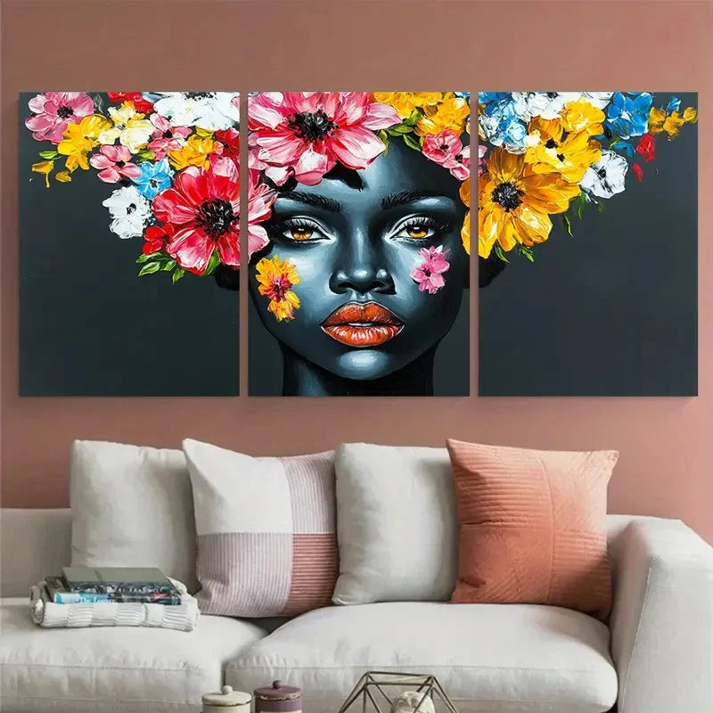 3pcs Floral Painting African Lady Portrait Black Wall Art Set Canvas Framed 50x70cm - High Quality Print 100% Australian Made Wall Canvas Ready to Hang