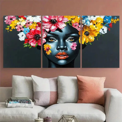3pcs Floral Painting African Lady Portrait Black Wall Art Set Canvas Framed 50x70cm - High Quality Print 100% Australian Made Wall Canvas Ready to Hang