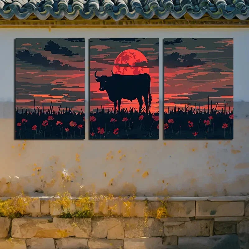 3pcs Black Cow with Moonlit and Floral Design Metal Print Ready to Hang Art