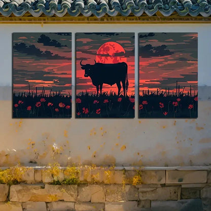 3pcs Black Cow with Moonlit and Floral Design Metal Print Ready to Hang Art