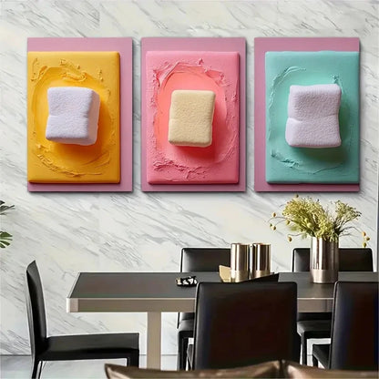 3pcs Soft Marshmallows Metal Print Ready to Hang Art