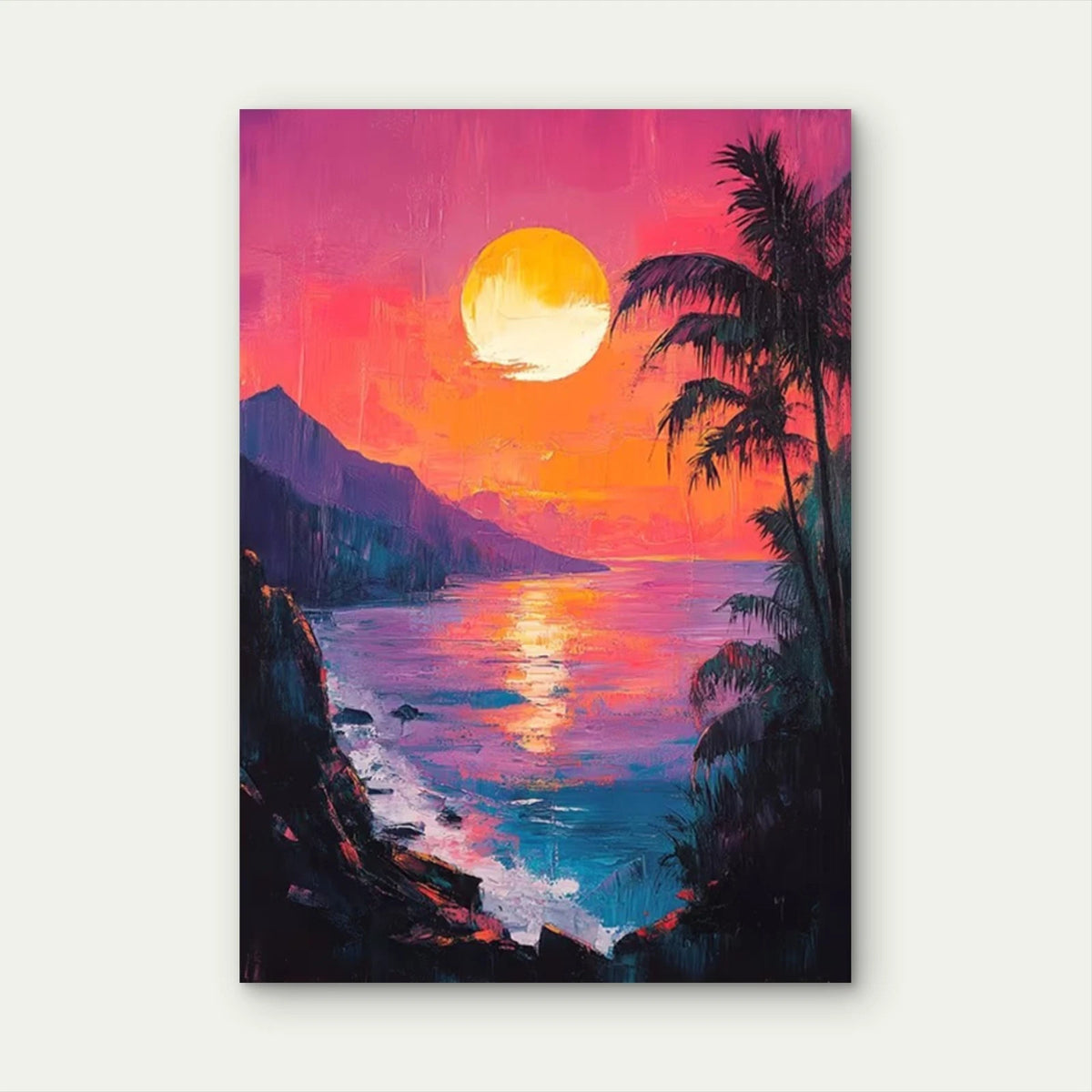 Pink & Blue Ocean Waves, Tropical Palm Trees Metal Print Ready to Hang