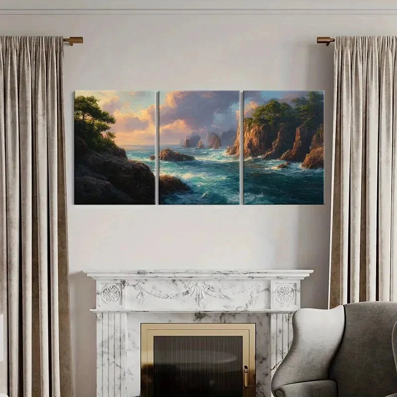 3pcsOcean Waves & Rocky Coastline Landscape Metal Print Ready to Hang Art