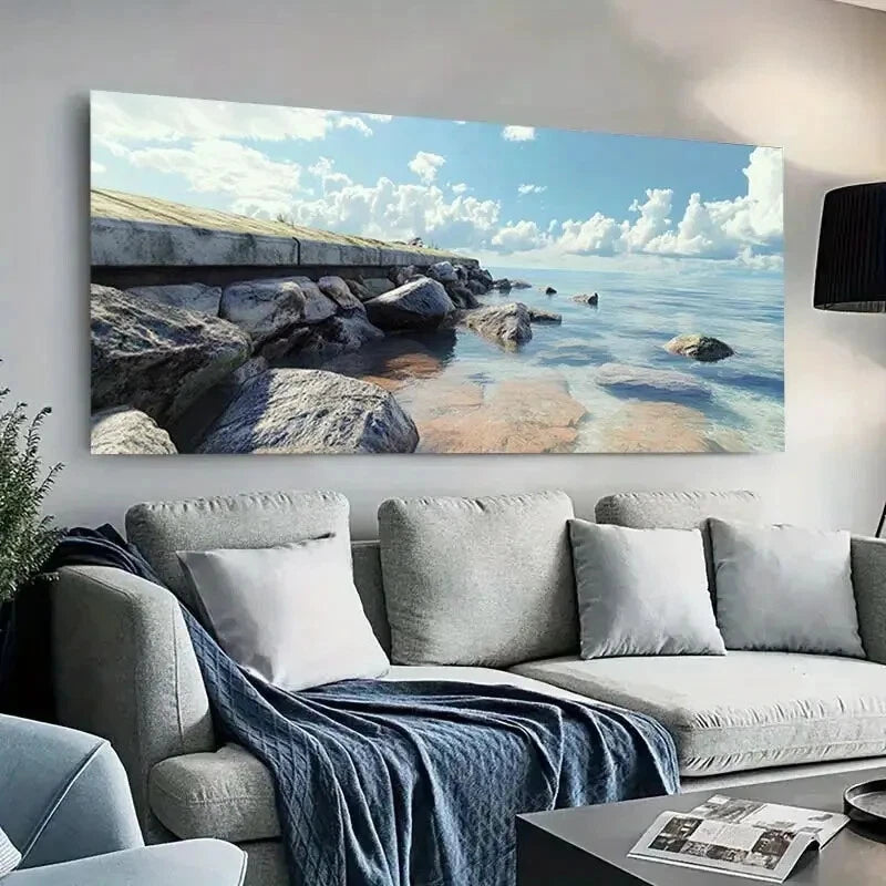 Coastal Wharf Serene Sea wall canvas office home room framed 120x60cm - Bella Home Decor