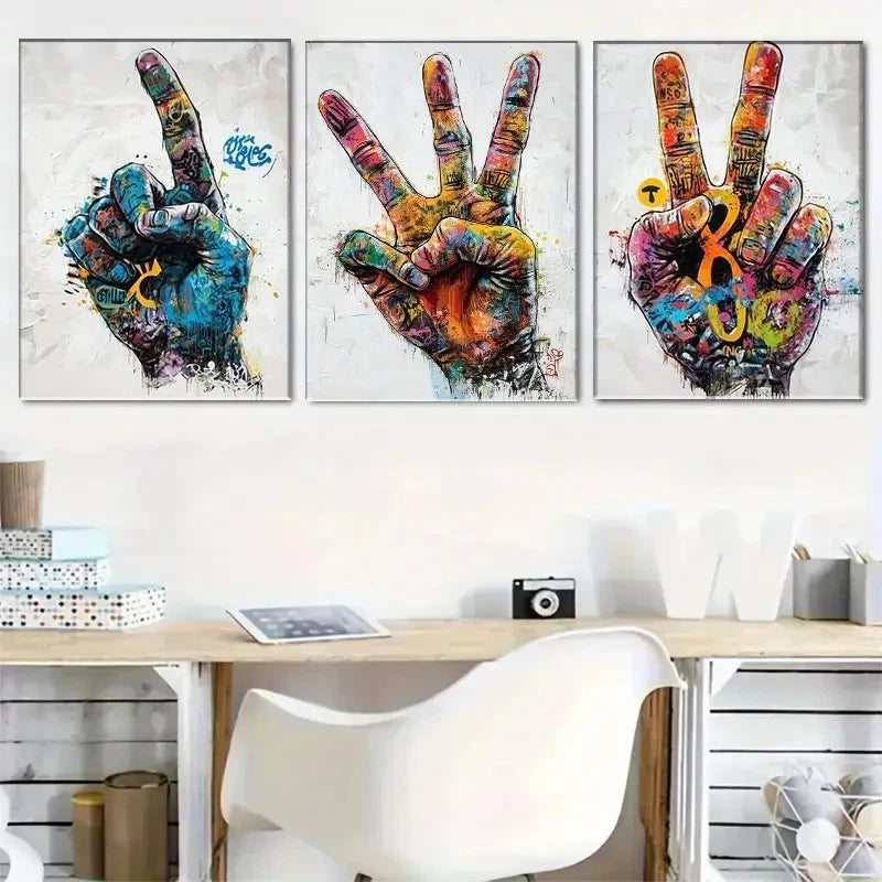 3pcs Vivid Graffiti Style Peace Hand Sign Metal Print Ready to Hang Art