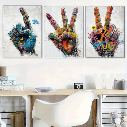 3pcs Vivid Graffiti Style Peace Hand Sign Metal Print Ready to Hang Art
