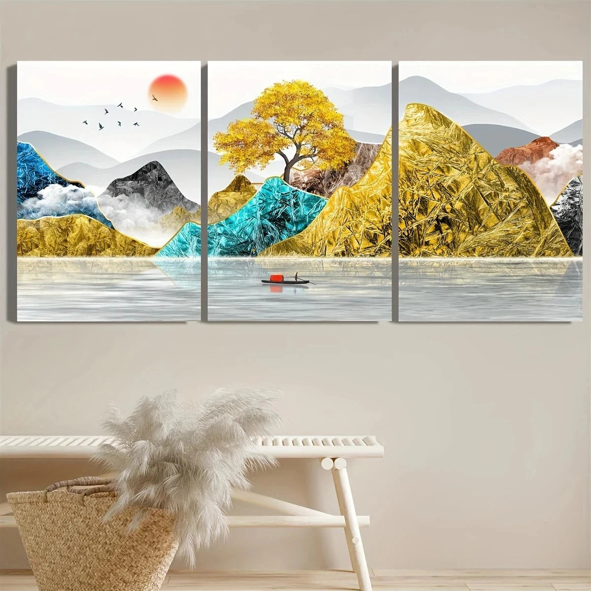 Three-panel wall art depicting a scenic landscape with trees, mountains, and water.