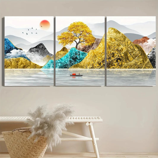 Three-panel wall art depicting a scenic landscape with trees, mountains, and water.