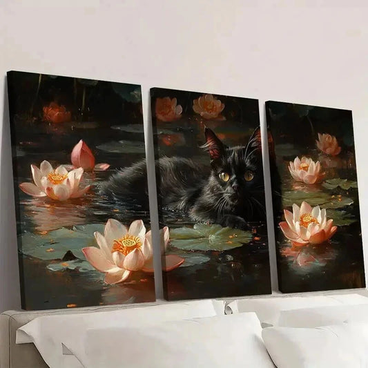 3pcs Black Cat Swimming in Lotus Pond Wall Art Set Canvas Framed 40x60cm - High Quality Print 100% Australian Made Wall Canvas Ready to Hang