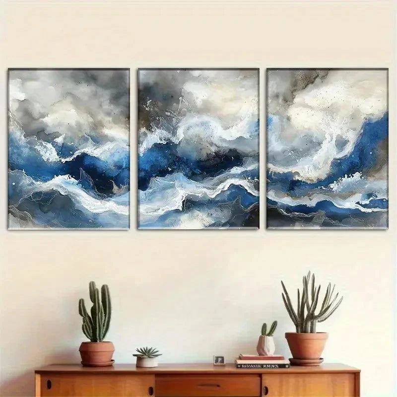 3pcs Blue and White Fluid Art Set Portrait Metal Print Ready to Hang Art