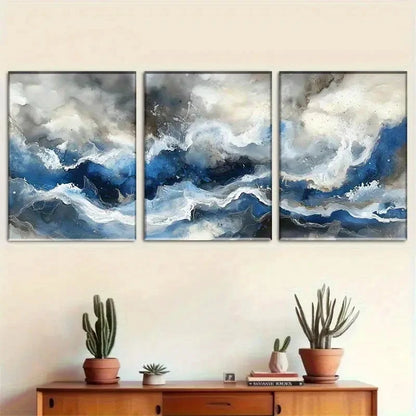 3pcs Blue and White Fluid Art Set Portrait Metal Print Ready to Hang Art