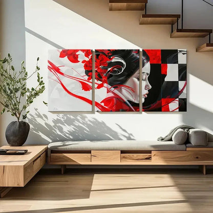 3pcs Abstract Art Red Flowers Geometric Patterns Metal Print Ready to Hang Art