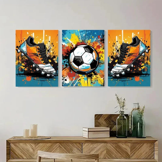 3pcs Colourful Football Blue & Gold Metal Print Ready to Hang Art