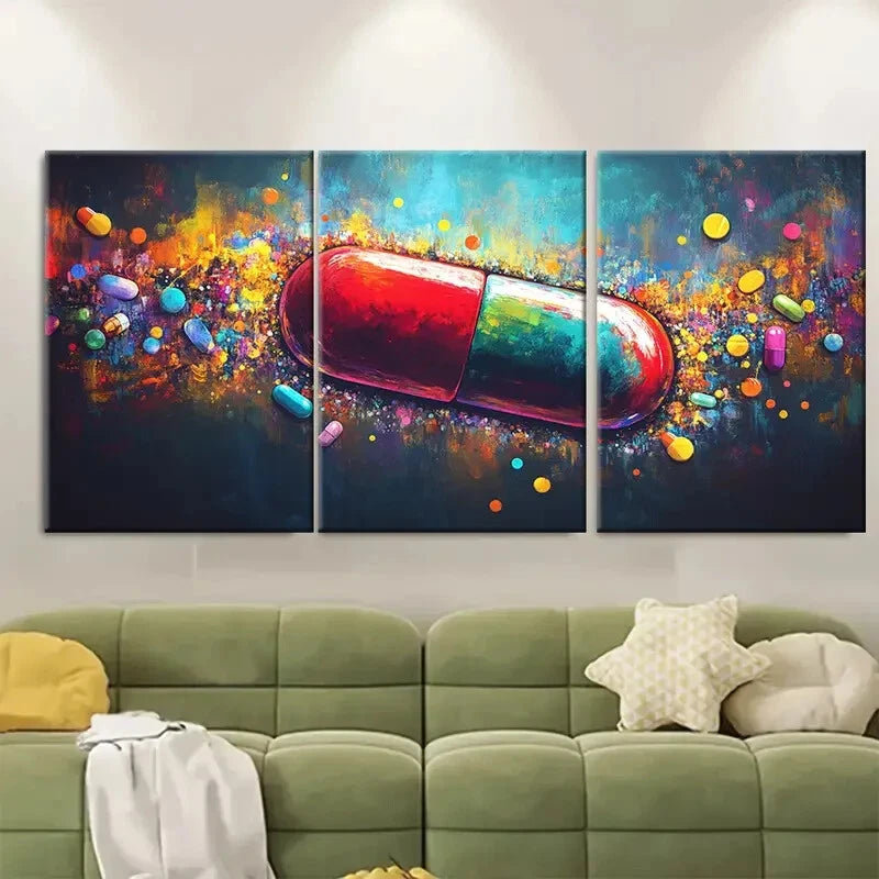 3pcs Colorful Capsule Design with Multicolored Metal Print Ready to Hang Art