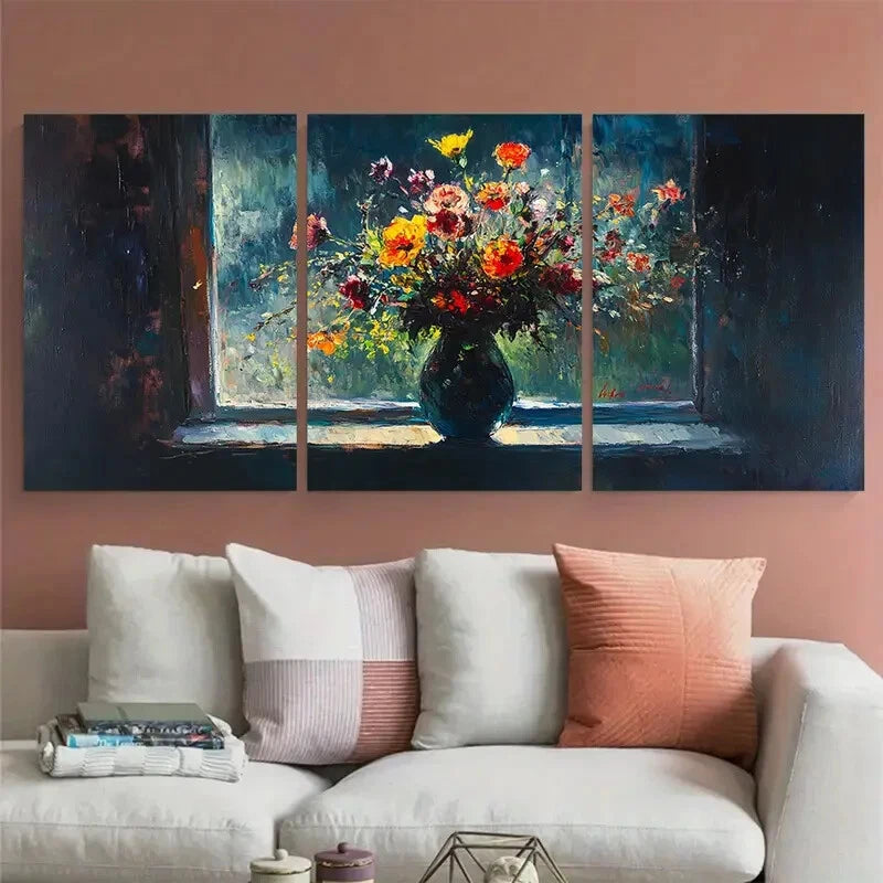 3pcs Vase by the Window Still Life in Dark Colors Metal Print Ready to Hang Art