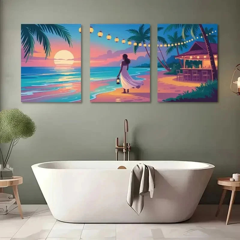 3pcs Palm Trees String Lights Beach Sunset Metal Print Ready to Hang Art