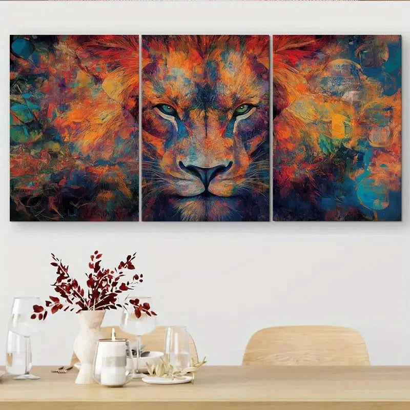 3pcs Dynamic Three-Sided Colorful Lion Portrait Metal Print Ready to Hang Art