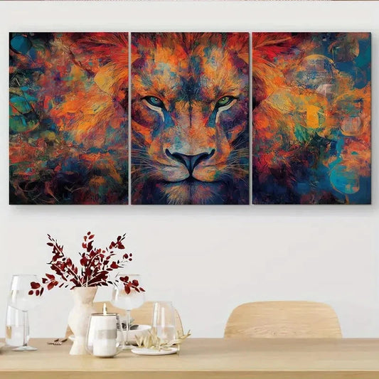 3pcs Dynamic Three-Sided Colorful Lion Portrait Metal Print Ready to Hang Art