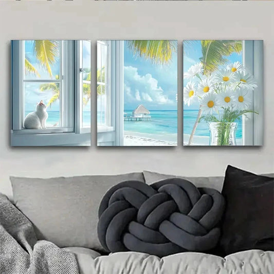 3pcs Coastal Tropical Beach & Palm Tree Prints Metal Print Ready to Hang Art