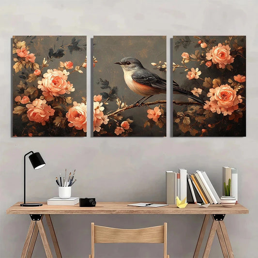 3pcs Exquisite Charming Bird Flowers Wall Art Set Canvas Framed 50x70cm - High Quality Print 100% Australian Made Wall Canvas Ready to Hang