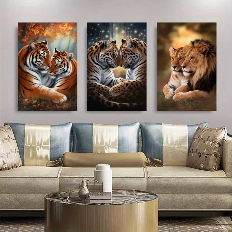 3pcs Animal Families Painting with Three Panels Metal Print Ready to Hang Art