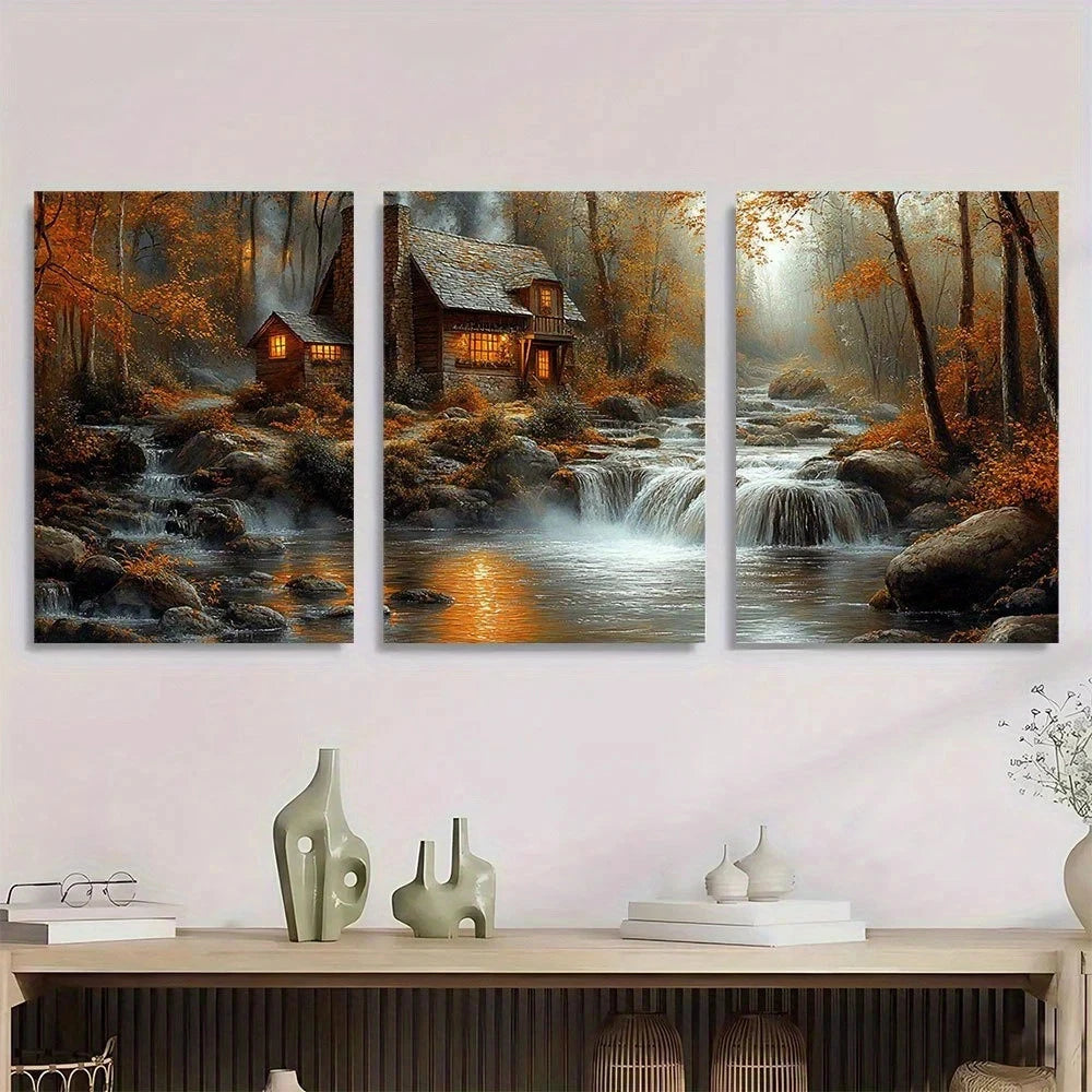 3pcs Water Mill The Forest Retro Style Metal Print Ready to Hang Art