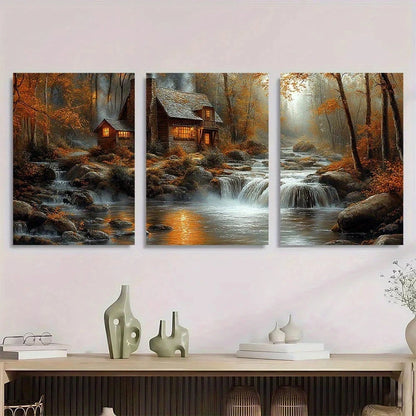 3pcs Water Mill The Forest Retro Style Metal Print Ready to Hang Art