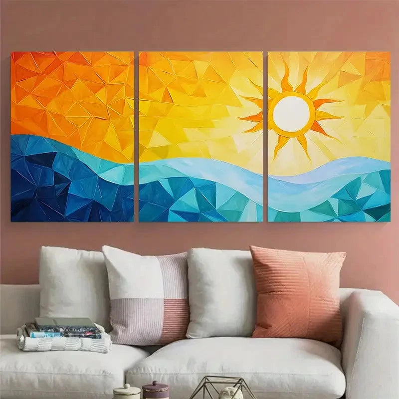 3pcs Abstract Geometric Sun and Sky Design Wall Art Set Canvas Framed 40x60cm - High Quality Print 100% Australian Made Wall Canvas Ready to Hang