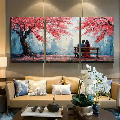 3pcs Romantic Cherry Blossom with Couple on Bench Metal Print Ready to Hang Art