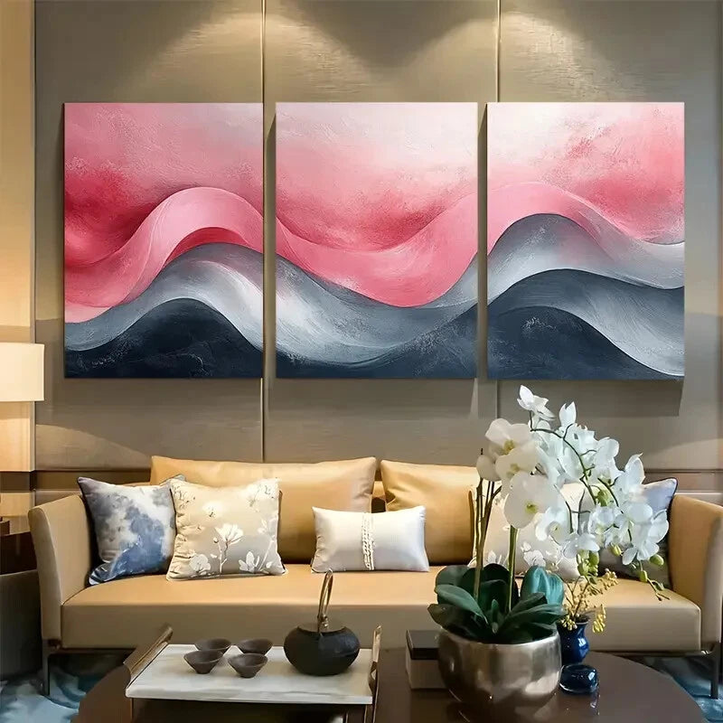3pcs Delicate Abstract Flowing Curve Pink and Gray Metal Print Ready to Hang Art