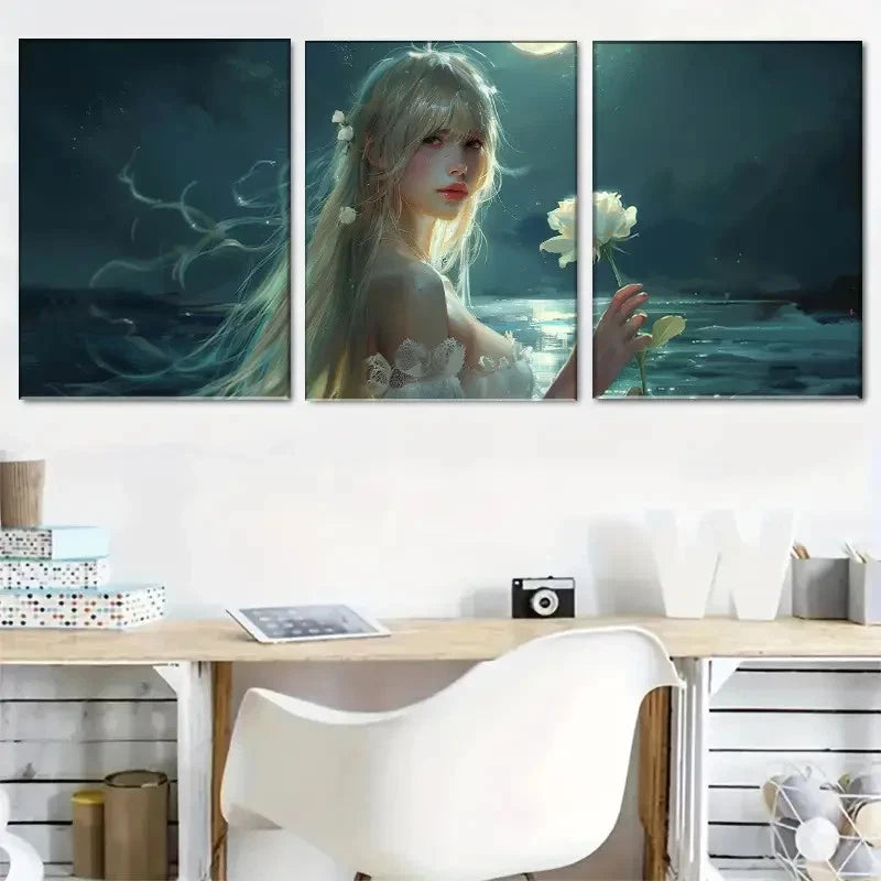 3pcs Mystical Woman and White for Lotus Metal Print Ready to Hang Art