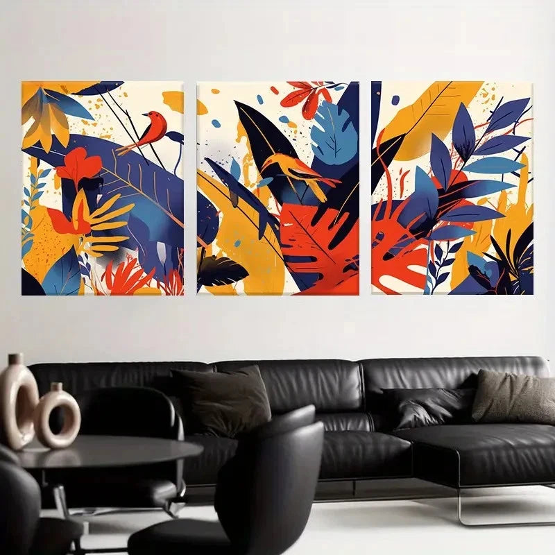 3pcs Vivid Abstract Tropical Bird and Leaf Design Metal Print Ready to Hang Art