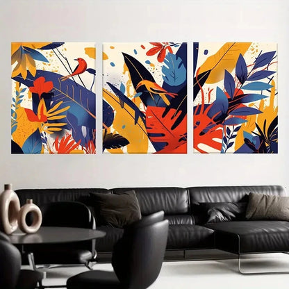 3pcs Vivid Abstract Tropical Bird and Leaf Design Metal Print Ready to Hang Art