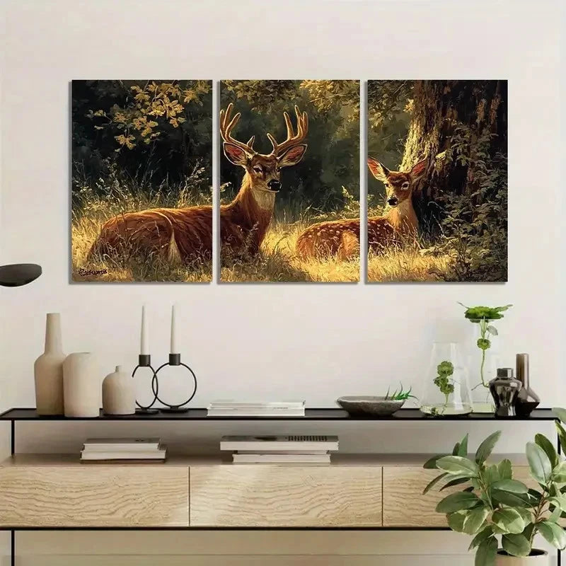 3pcs Two Deer Oil Painting Nature Scene Metal Print Ready to Hang Art