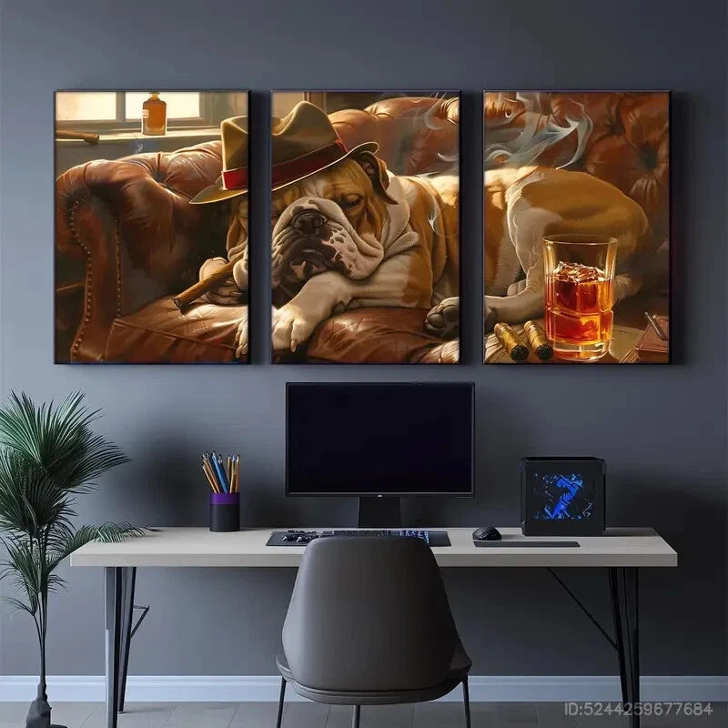 3pcs English Bulldog Illustrations Humorous Dog Metal Print Ready to Hang Art