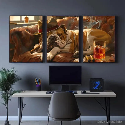 3pcs English Bulldog Illustrations Humorous Dog Metal Print Ready to Hang Art