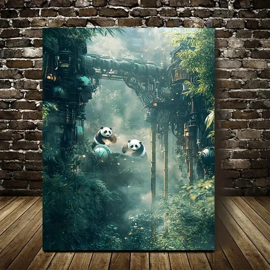 Steampunk Panda Mystical Bamboo Grove Painting 40x60cm Metal Print Ready to Hang