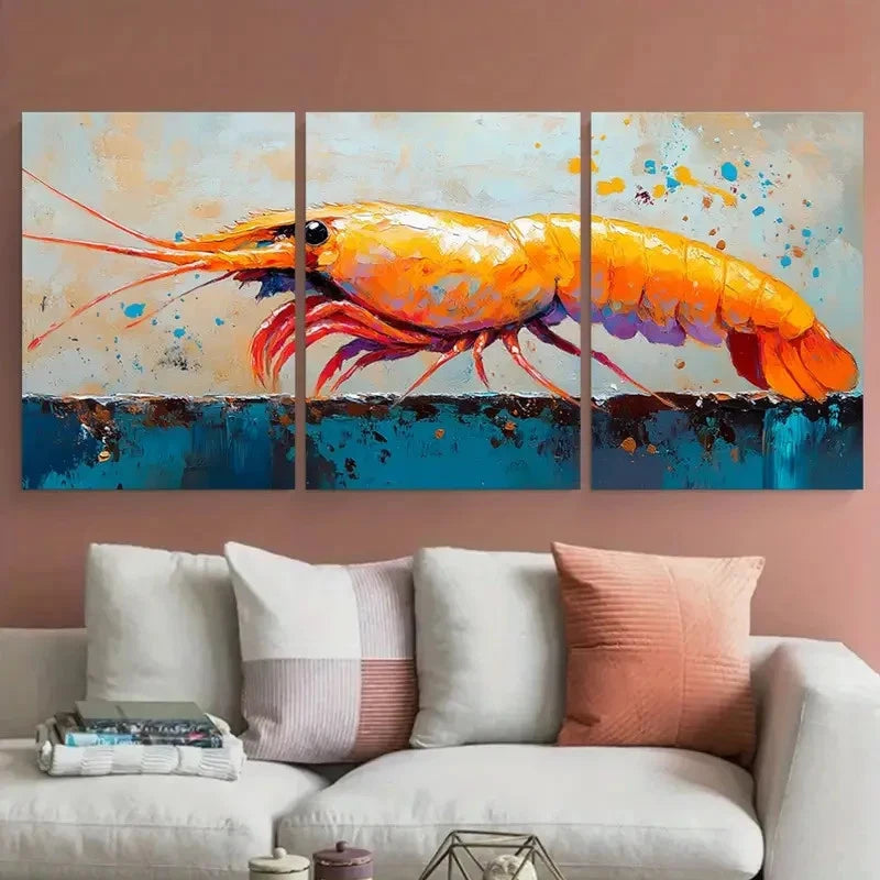 3pcs Vibrant Shrimp Animal Illustration Metal Print Ready to Hang Art