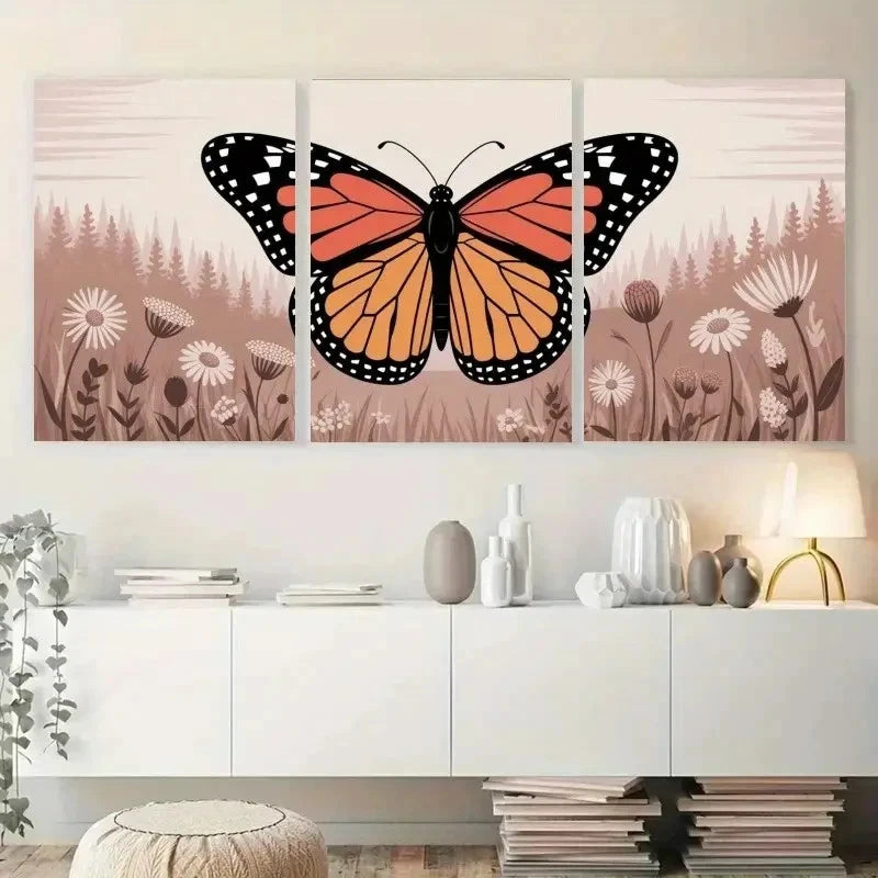 3pcs Nature Scene with Monarch Butterfly Daisies Metal Print Ready to Hang Art