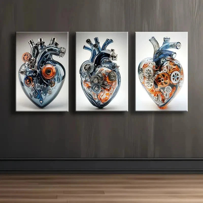 3pcs Mechanical Heart Art Wall Art Set Canvas Framed 40x60cm - High Quality Print 100% Australian Made Wall Canvas Ready to Hang