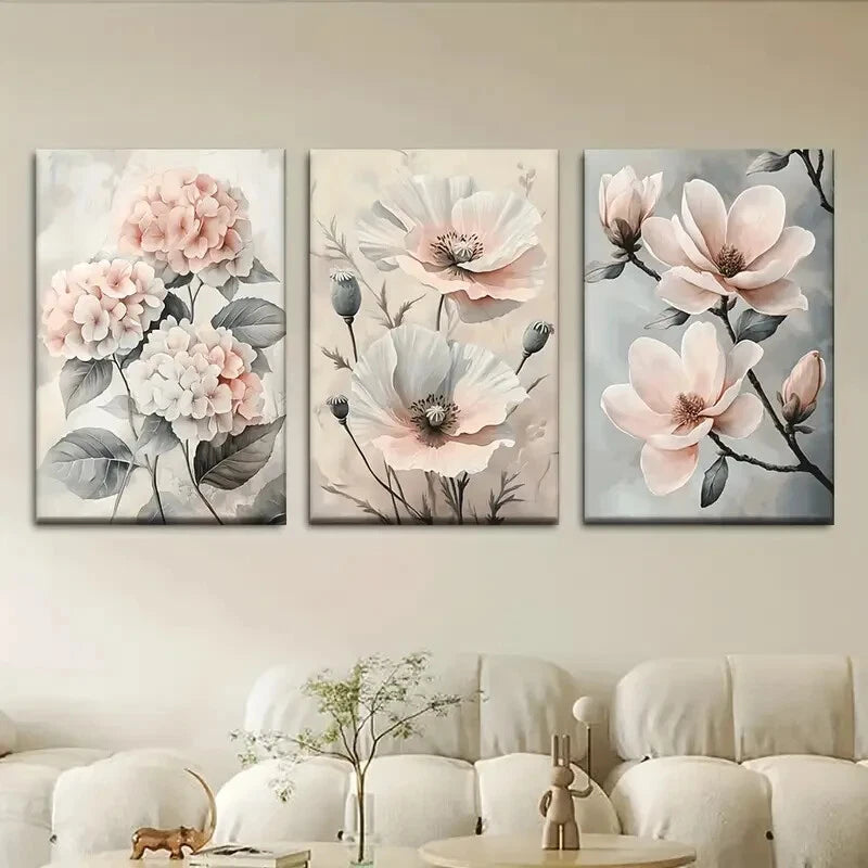 3pcs Light Pink and Gray Flowers Metal Print Ready to Hang Art