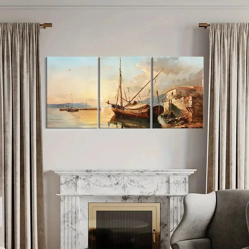 3pcs Maritime Scene Coastal Village Wooden Boat Metal Print Ready to Hang Art