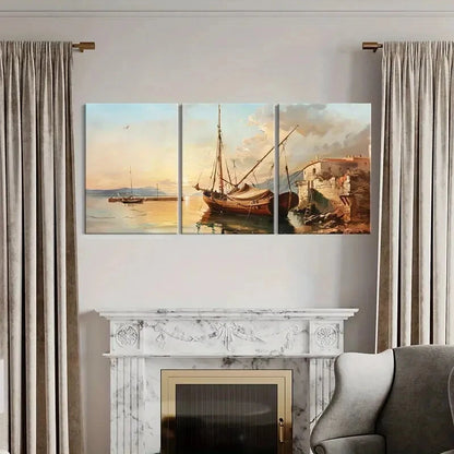3pcs Maritime Scene Coastal Village Wooden Boat Metal Print Ready to Hang Art