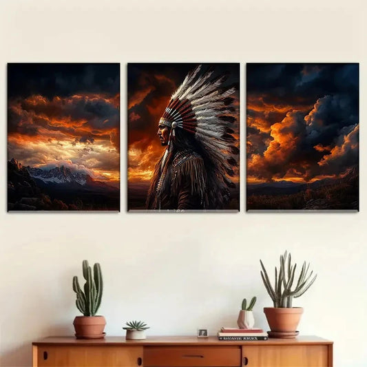 3pcs American Indian Chief Painting Metal Print Ready to Hang Art