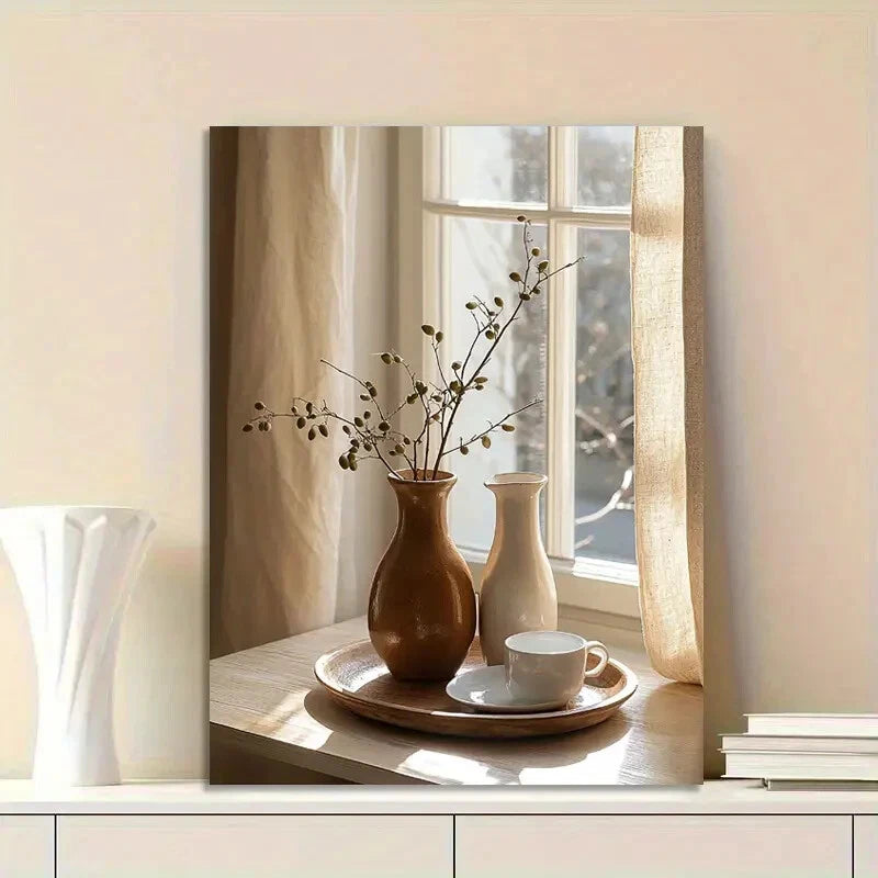 Minimalist Terracotta Vases And Olive Painting 40x60cm Metal Print Ready to Hang