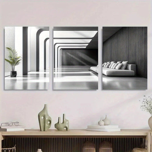 3pcs Black White Modern Green Leaves Metal Print Ready to Hang Art